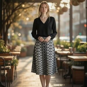 M.S.S.P Elegant Black and Cream Embroidered A-Line Skirt